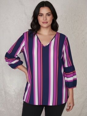Massini Top Striped Purple, Blue, Coral  V-Neck Cutout Back 3/4 Puffy Sleeve XL